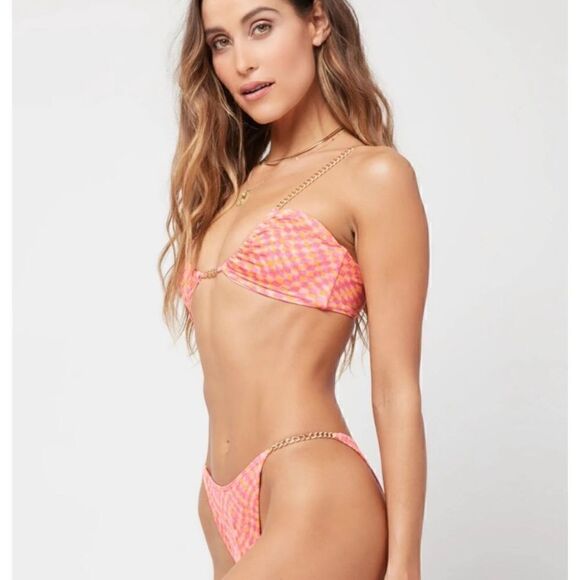 L*Space XS top and M bottom Sammie checkered gold chain bikini - Picture 2 of 8